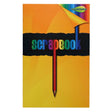 A scrapbook book cover featuring a bright yellow and orange background, a torn black band across the middle with the word 'scrapbook' in rainbow letters, and a red pencil graphic pointing downward. A curled corner at the top reveals a rainbow of colors.