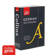 Collins Gem German Dictionary mini dictionary in a black hardcover, featuring a large yellow letter 'A' and red and white branding on the cover and spine.