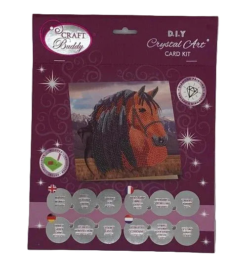 Card kit packaging with horse design and 'Craft Buddy' branding on a purple background
