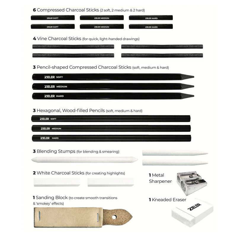 Zieler Artists Charcoal Drawing Tin Set (24 Pieces)