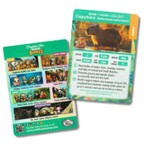 Two educational cards about wildlife, one featuring a capybara and the other displaying various animals.