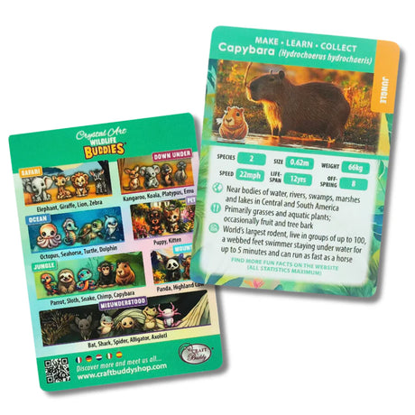 Two educational cards about wildlife, one featuring a capybara and the other displaying various animals.