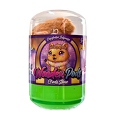 Wonder Pods Clear Stone toy container with a green stone inside and a plush toy pod visible through a clear lid, featuring a colorful label with a cartoon capybara character.