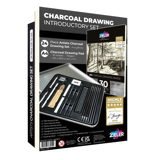 Zieler 24-Piece Charcoal Drawing Set in a Gift Tin & A4 Charcoal Pad