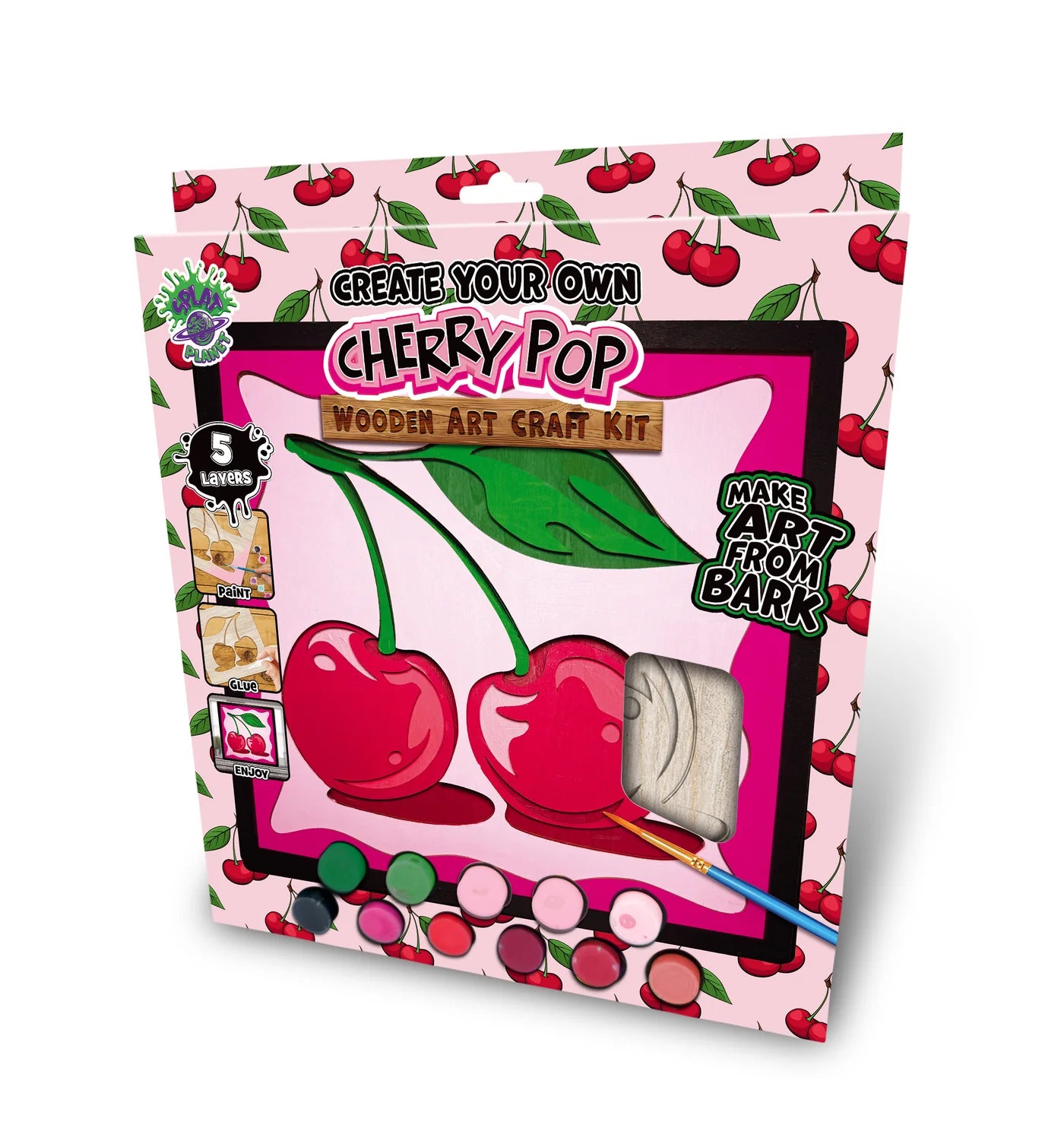 Cherry-themed wooden art craft kit packaging with cherry illustrations on a pink background.