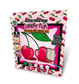 Cherry-themed wooden art craft kit packaging with cherry illustrations on a pink background.