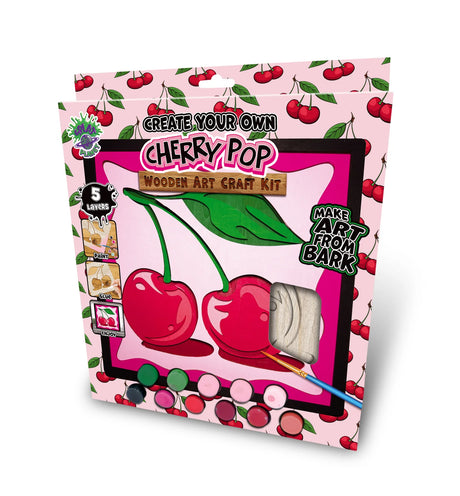 Cherry-themed wooden art craft kit packaging with cherry illustrations on a pink background.