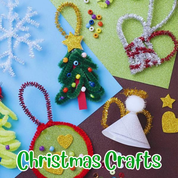 Collection of Christmas-themed crafts including a tree, star, bell, and angel on a colorful background.