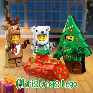 Three Christmas-themed Lego figures on a wooden floor with presents.