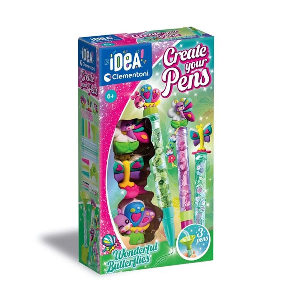Box of Ideal Create your Pens with colorful pens and butterfly design on a white background