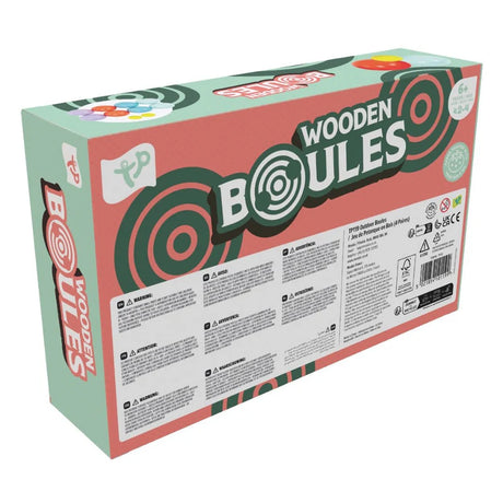 Box of Wooden Boules game with green and red design on a white background