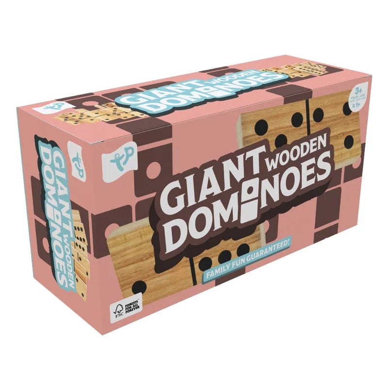 Box of giant wooden dominoes with a pink and brown design.