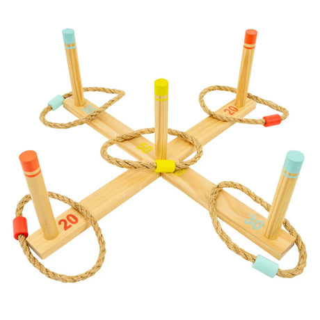 Wooden quoits game with ropes and numbered posts on a white background