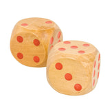 Two wooden dice with red dots on a white background