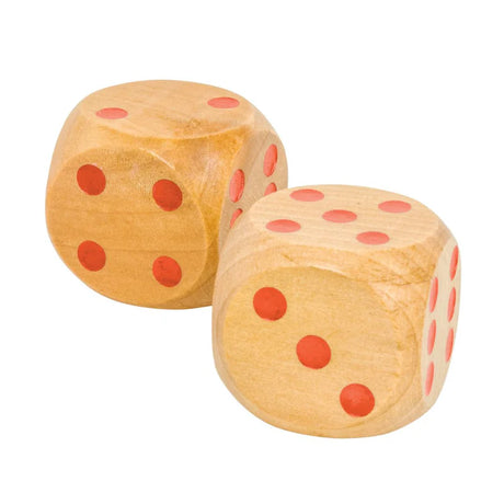 Two wooden dice with red dots on a white background