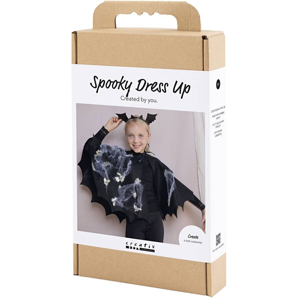 Boxed Halloween costume with bat wings and 'Spooky Dress Up' text on a white background