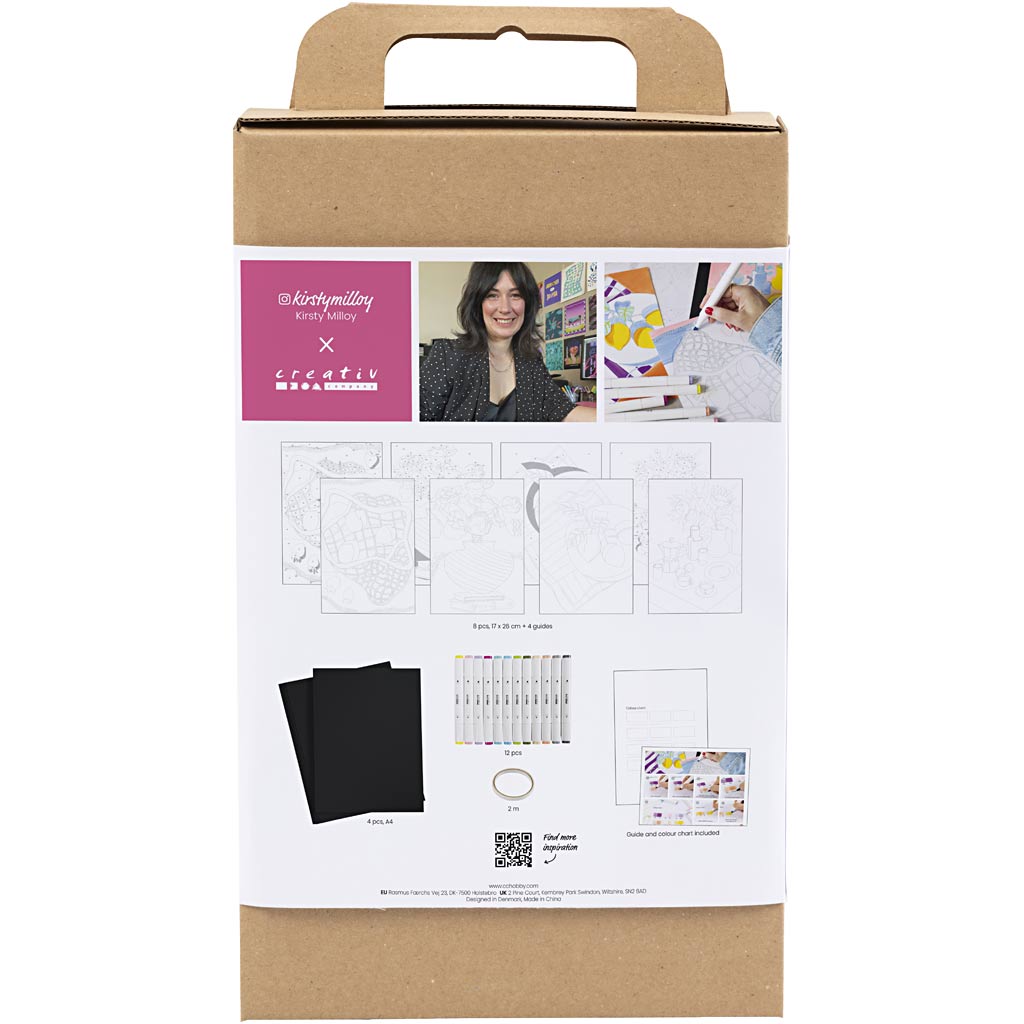 Craft Kit cardboard box with a artist's face on the top, featuring colouring patterns and materials.