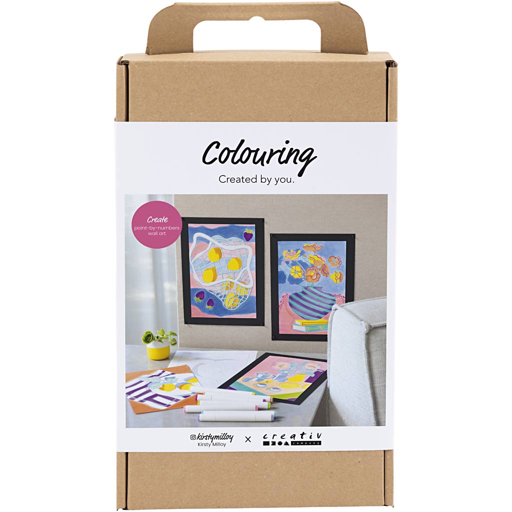 Packaging for a 'Colouring Created by You' art set with illustrations of framed artworks and art supplies.