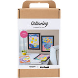 Packaging for a 'Colouring Created by You' art set with illustrations of framed artworks and art supplies.