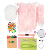 Collection of craft supplies including yarn, beads, and tools on a white background