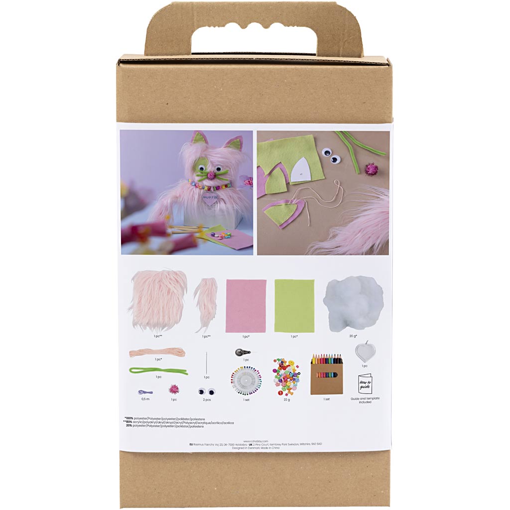 Cardboard craft kit packaging with illustrations of craft materials on a white background