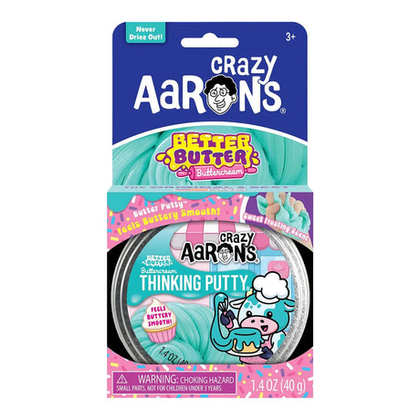 Crazy Aaron's Better Butter Buttershroom Thinking Putty in its retail packaging, featuring a blue and pink header card with a clear plastic tub showing the teal-colored putty inside.