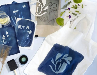 prints and a tote back made from a block printing craft kit with leaves and foliage