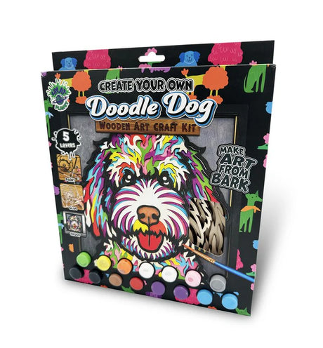 Doodle Dog wooden art craft kit packaging with colorful dog illustration and paint options.