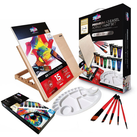Zieler Easel and Acrylic Paint Gift Set - Paints, Brushes and A3 Pad