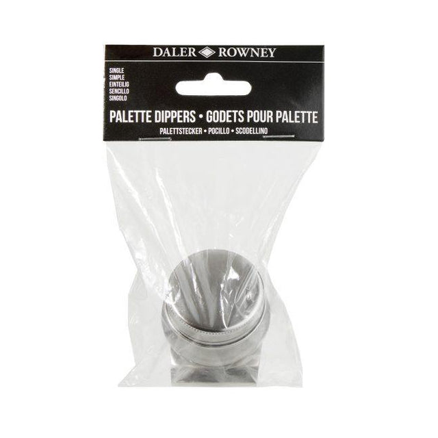 A packaged Daler Rowney 'Palette Dippers' product in a clear plastic bag with a black header card, showing a silver metal paint brush dipper inside.
