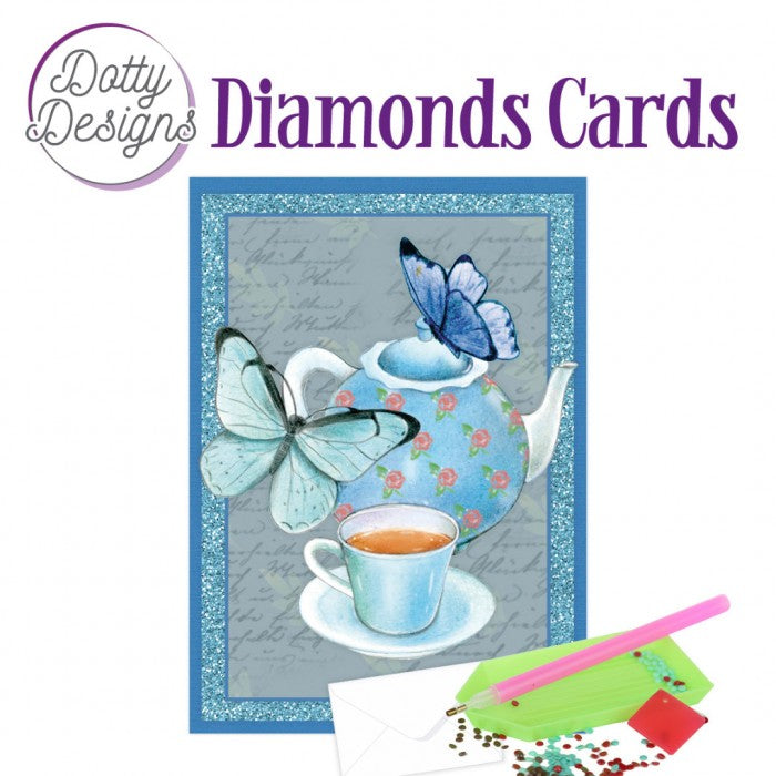Dotty Designs Diamond Cards - Blue Teapot With Butterfly