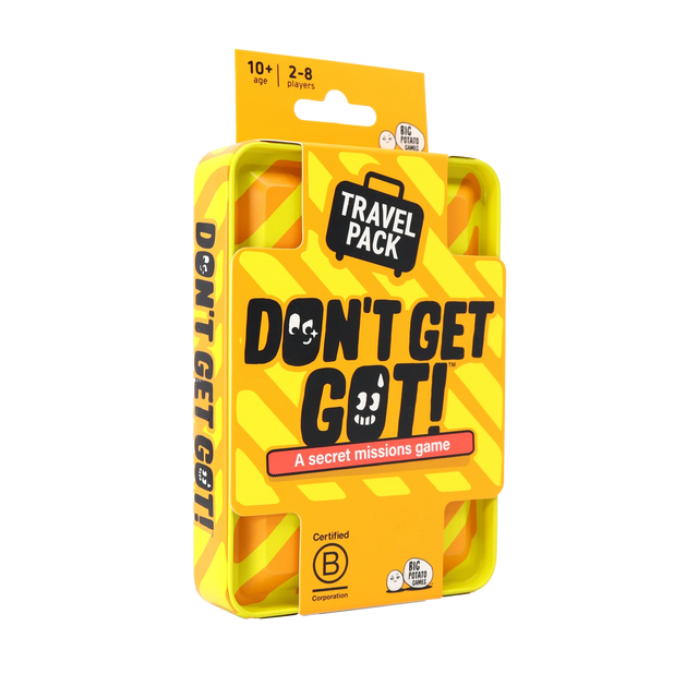 Yellow travel pack of 'Don't Get Got!' game on a white background