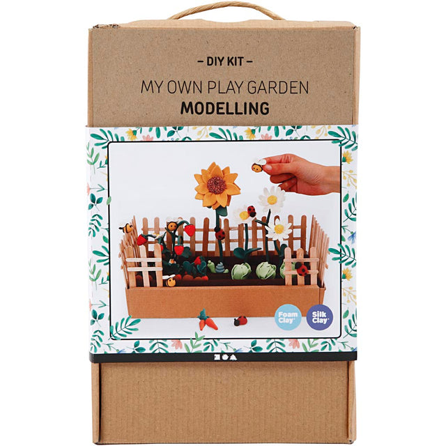 DIY kit packaging for 'My Own Play Garden Modelling' with a cardboard box and windowed front panel.
