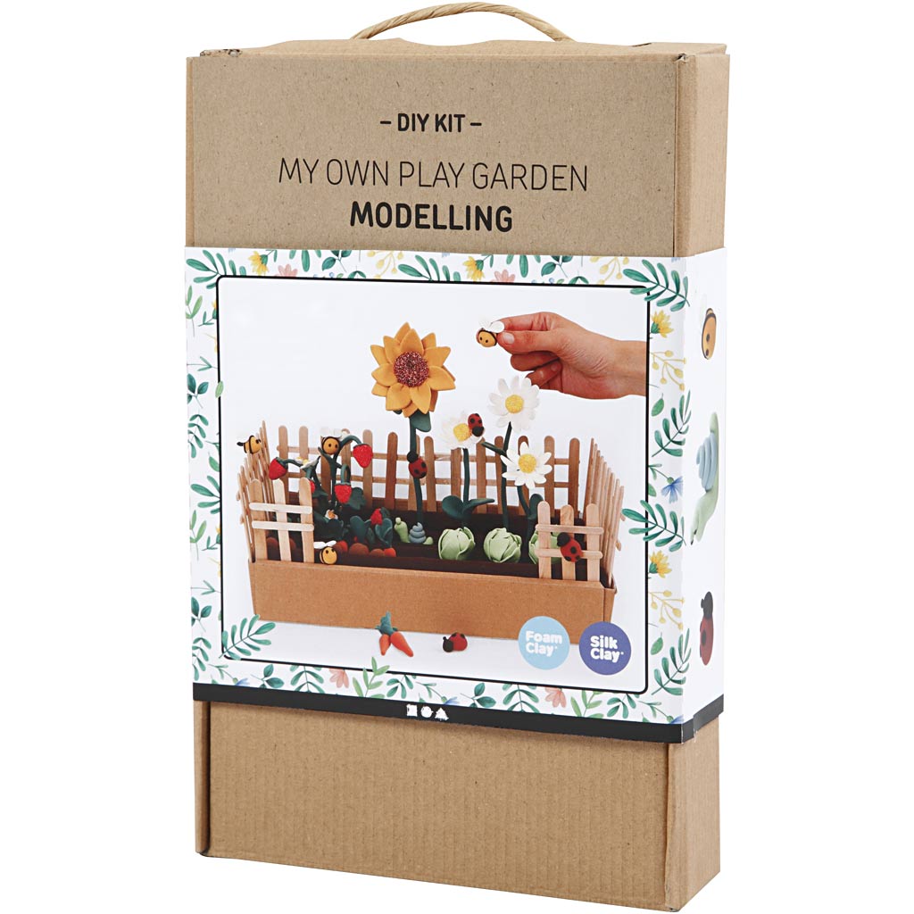 Play garden modelling kit packaging with a hand holding a sunflower and a small garden scene.