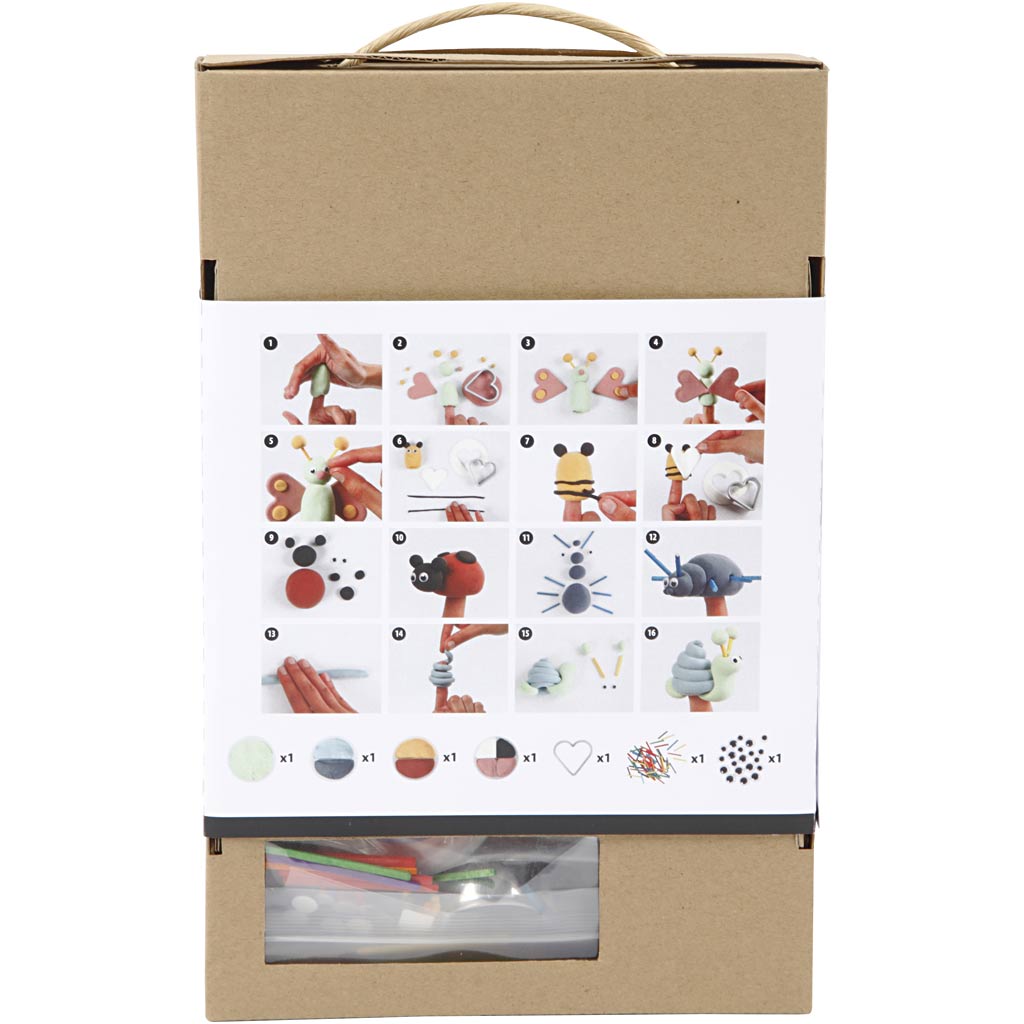 Cardboard box with a white card featuring illustrations of small clay insect figurines on a white background