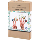 Boxed DIY kit for making cute finger puppets with illustrations on a white background