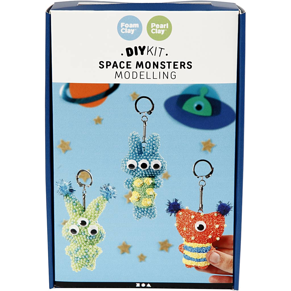 Box of DIY space monsters modelling kit with colorful monsters on a blue background