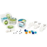 Pearl clay and foam clay items on a white background