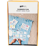 DIY kit packaging for 'Summer Fun Paint and Play' with illustrations on a sand background.