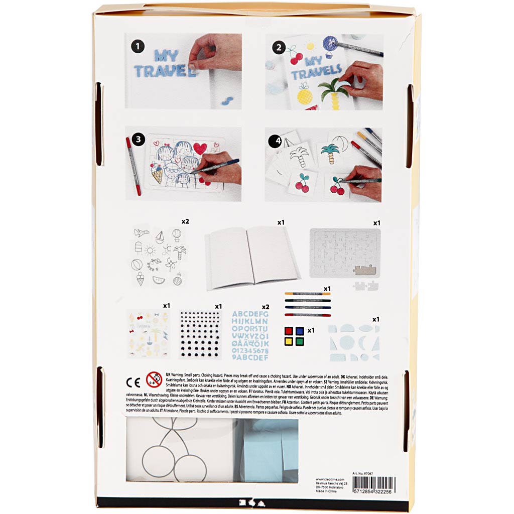 Product packaging with illustrations of a travel-themed coloring book and accessories on a white background.