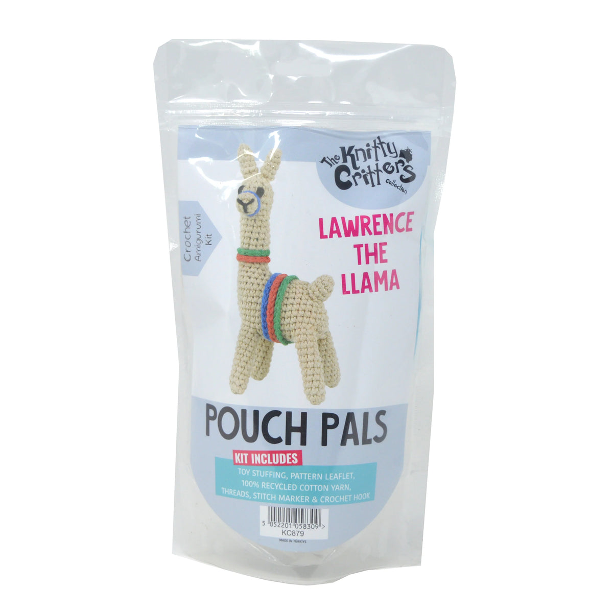 A packaged crochet pouch kit labeled 'Lawrence the Llama' by The Knitty Critic's, shown in a clear stand-up pouch with printed front artwork and text on a white background.