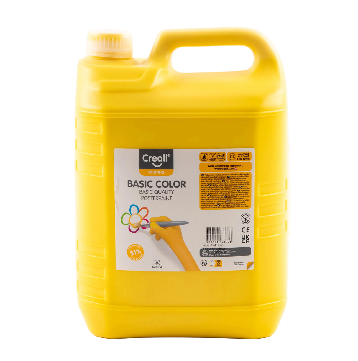 A large yellow plastic jug of Creoll Basic Color poster paint with a white and yellow label, set against a plain white background.