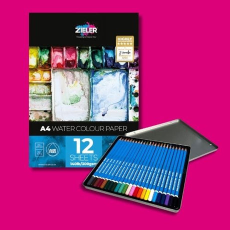 An image of a watercolour paper pad and watercolour pencil set on a pink background