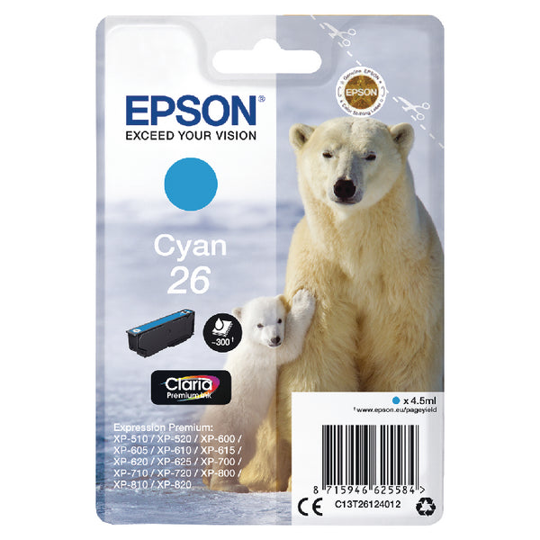Epson 26 Ink Cartridge Premium Claria Polar Bear Cyan C13T26124012
