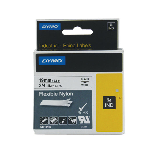 Dymo 18489 Rhino Nylon Tape 19mm x 3.5m Black on White S0718120