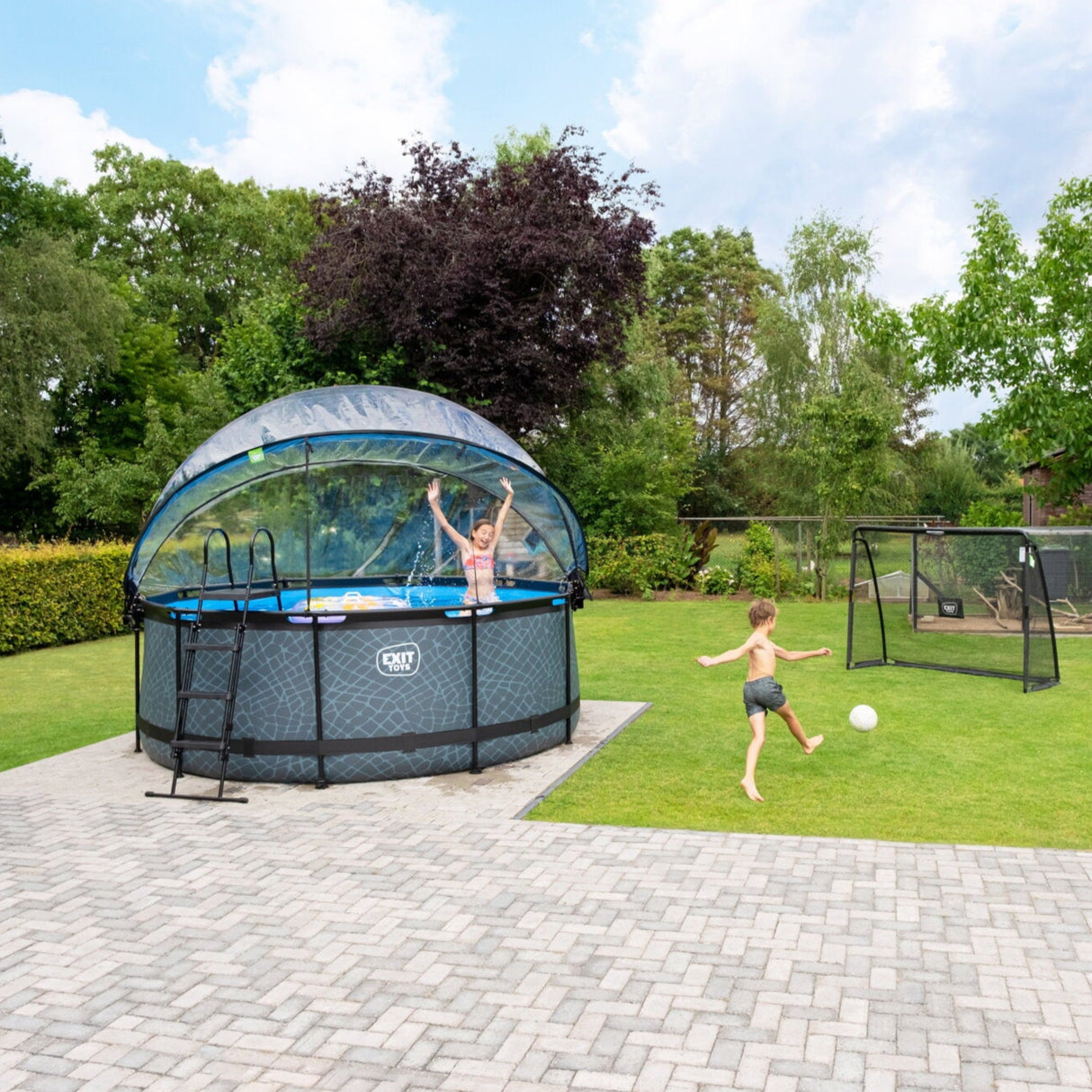 EXIT Brown Wood Round Frame Pool with Dome- 360 pool outside