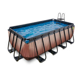 Rectangular above-ground pool with wooden side design on a white background