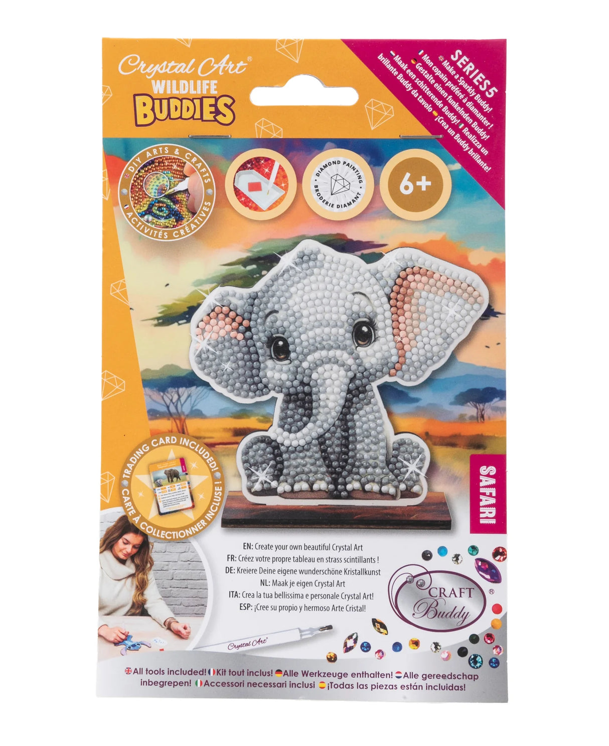 Crystal Art Wildlife Buddies elephant craft kit packaging on a white background