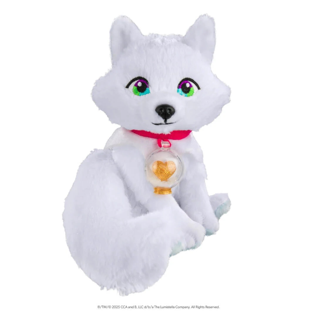 A white plush toy dog with large colorful eyes, a red collar, and a clear ornament hanging from the collar, shown on a plain white background.