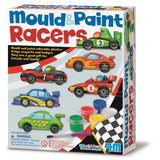 Box of mould and paint racers toy set with colorful cars and tools on a white background